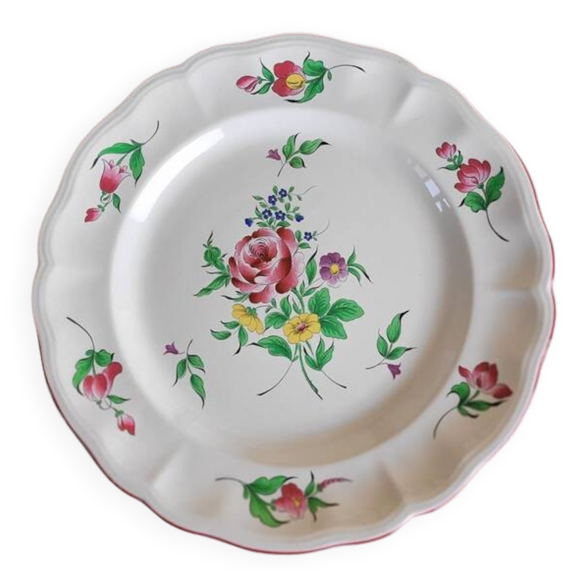 Large round dish KG Lunéville Reverbère, earthenware from the East, floral decoration.