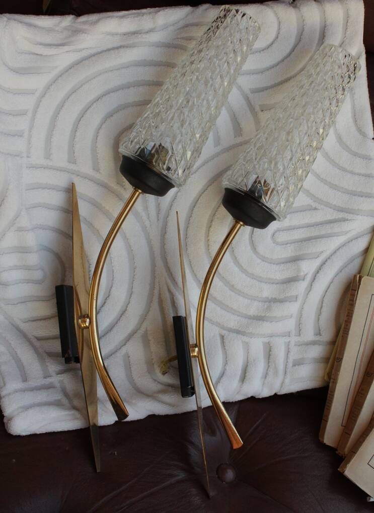 Pair of glass and metal sheaf-shaped wall lights circa 1960