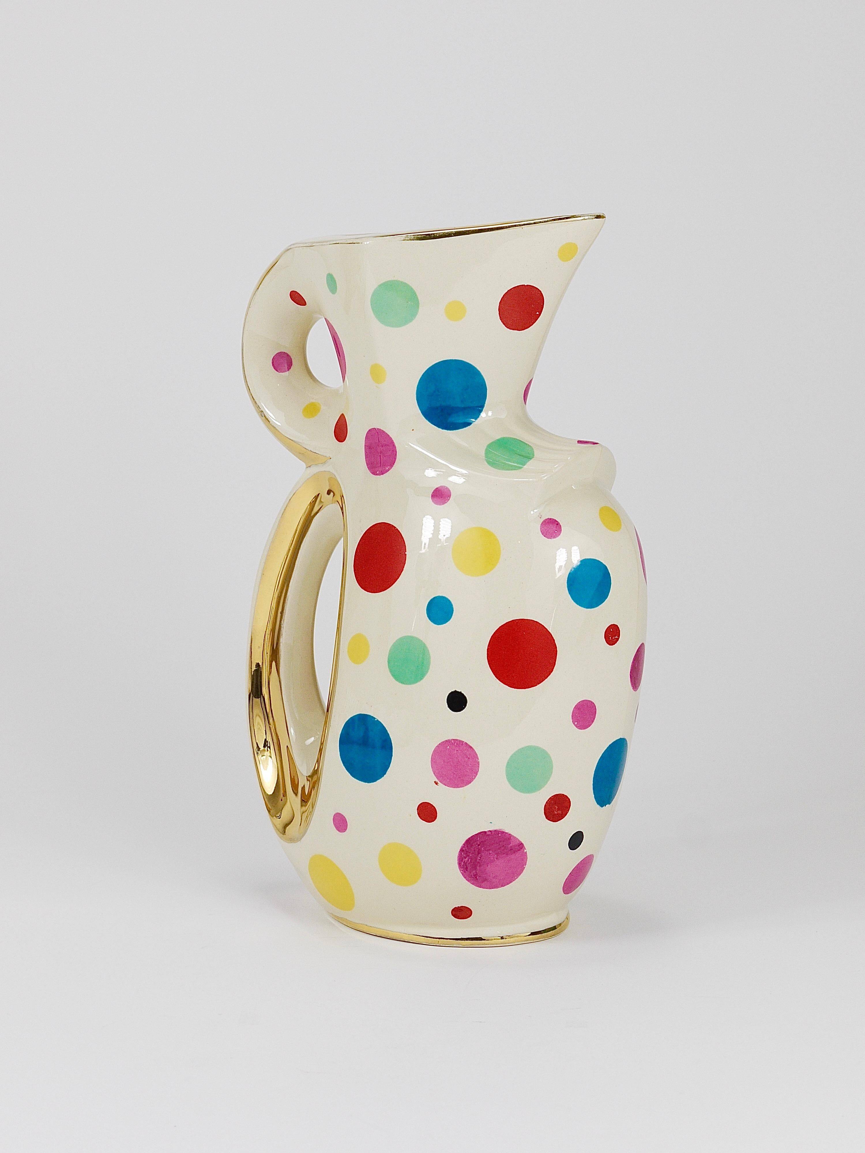 Boch Frères Pichet / Mid-Century Jug in Gold and Polka Dots, Belgium, 1950s