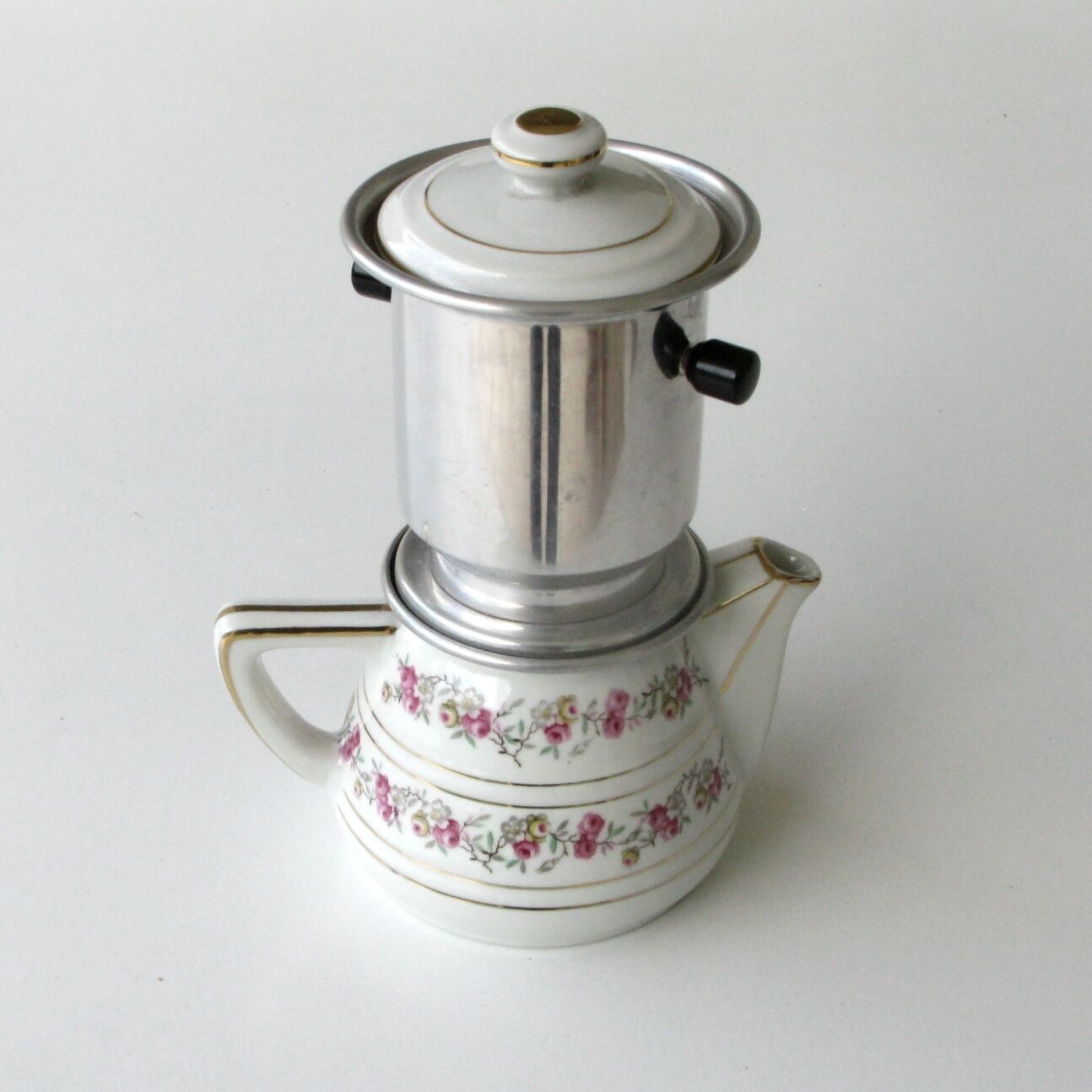 Old Nomar porcelain coffee maker with filter - like new - flower decor