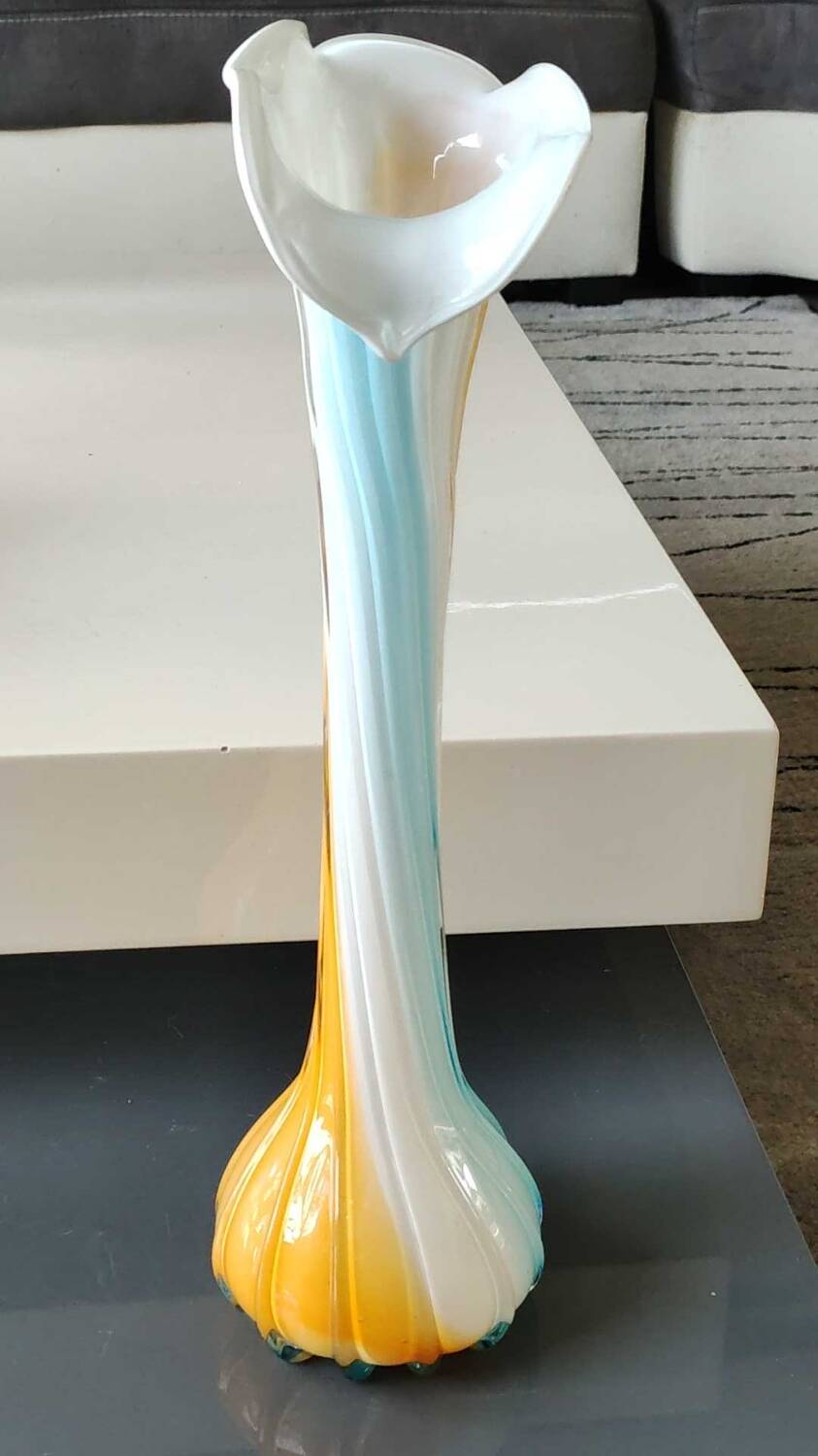 Antique large soliflore vase in venetian opaline glass, jack in the pulpit/murano. arum flower collar/triple multi-colored twisted overlay. high 40 cm