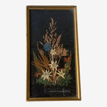 Ancien tableau cadre fleurs séchées vintage