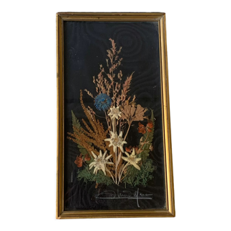 Ancien tableau cadre fleurs séchées vintage