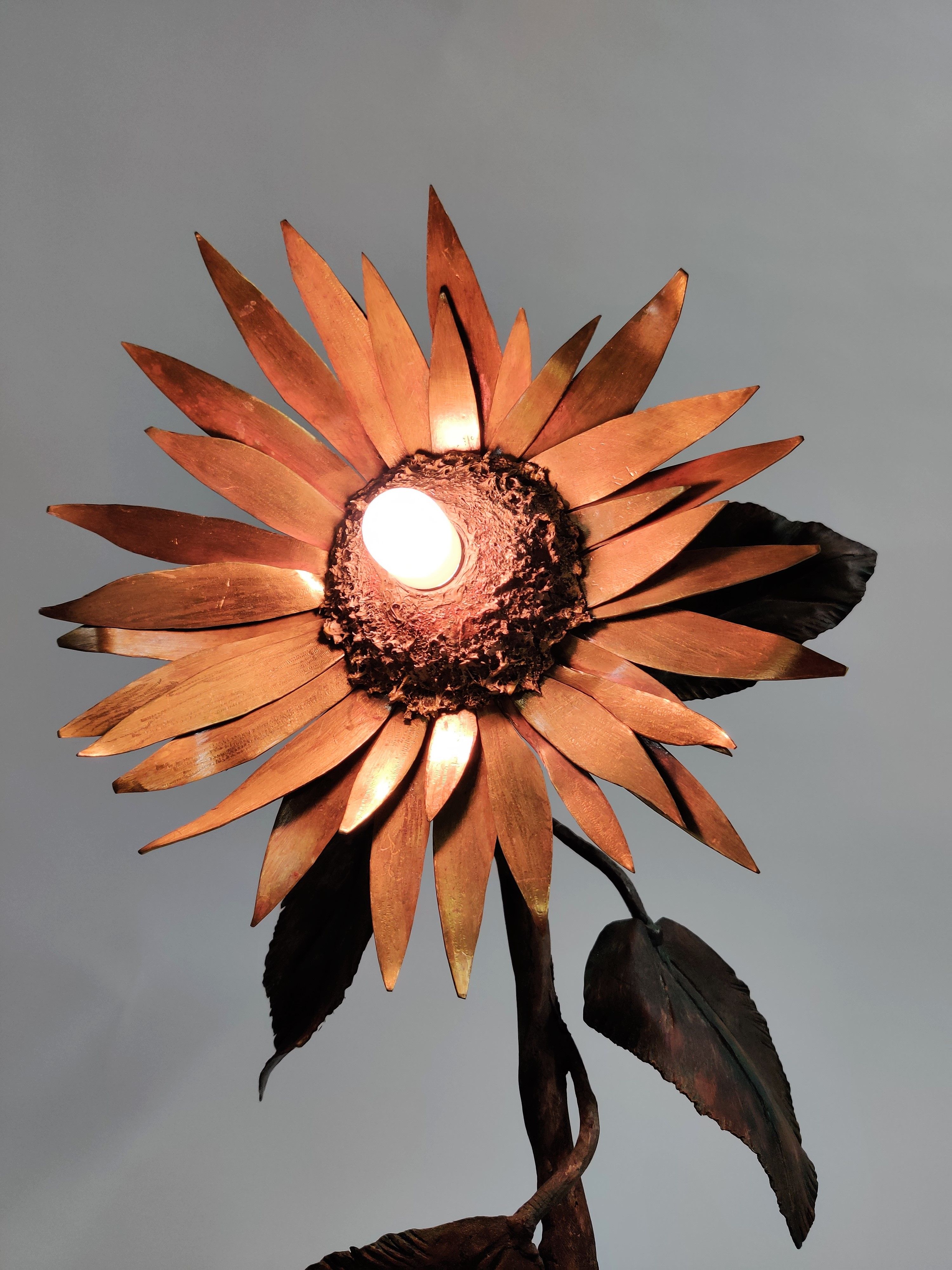 Vintage metal and bronze sunflower sculpture lamp, 1970s belgium
