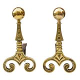 Gilded bronze andirons with rounded ball and patterns, antique fireplace accessory