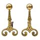 Gilded bronze andirons with rounded ball and patterns, antique fireplace accessory
