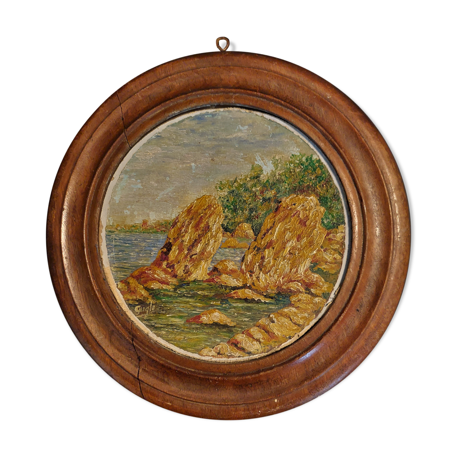 Oil painting on panel in marine tondo wooden frame early twentieth century