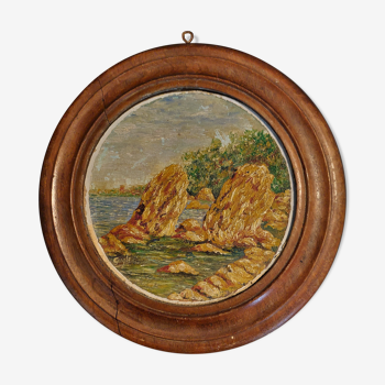 Oil painting on panel in marine tondo wooden frame early twentieth century