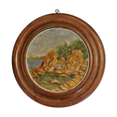Oil painting on panel in marine tondo wooden frame early twentieth century