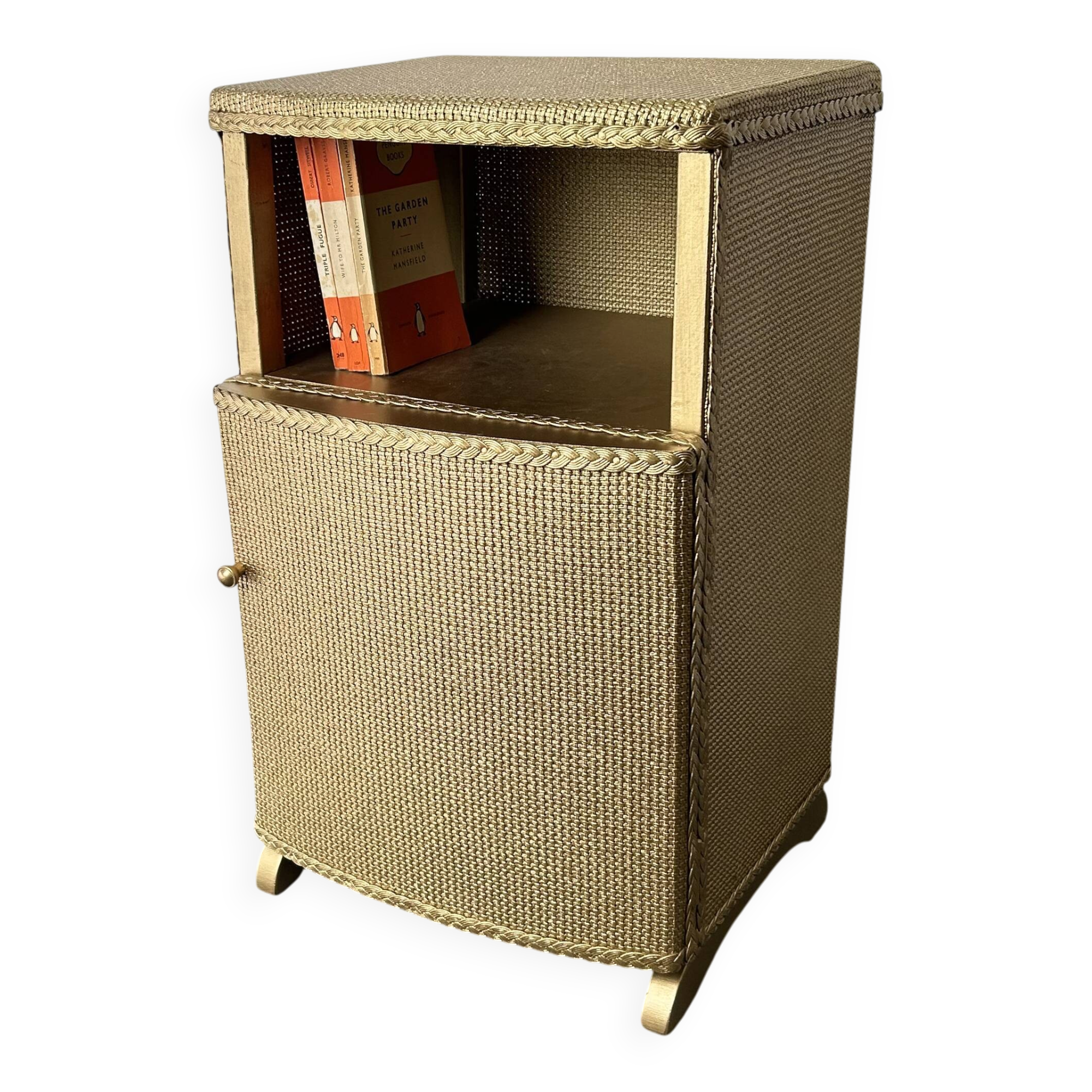 Vintage Lloyd Loom bedside cabinet champagne gold woven fibre 1930s-50s
