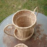 Basket shaped cup or vase with handles and wicker lid
