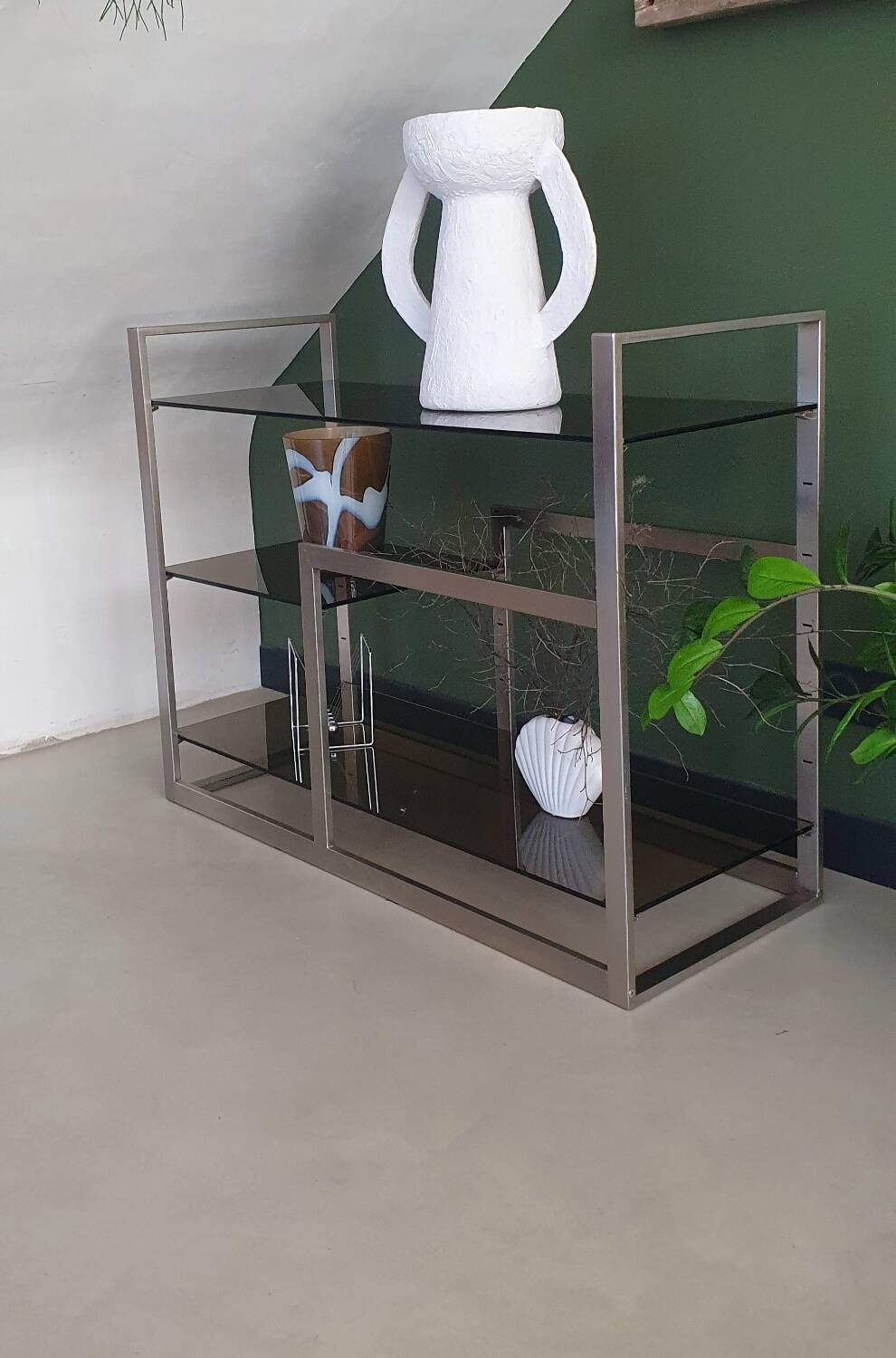 Metal and smoked glass console 1970