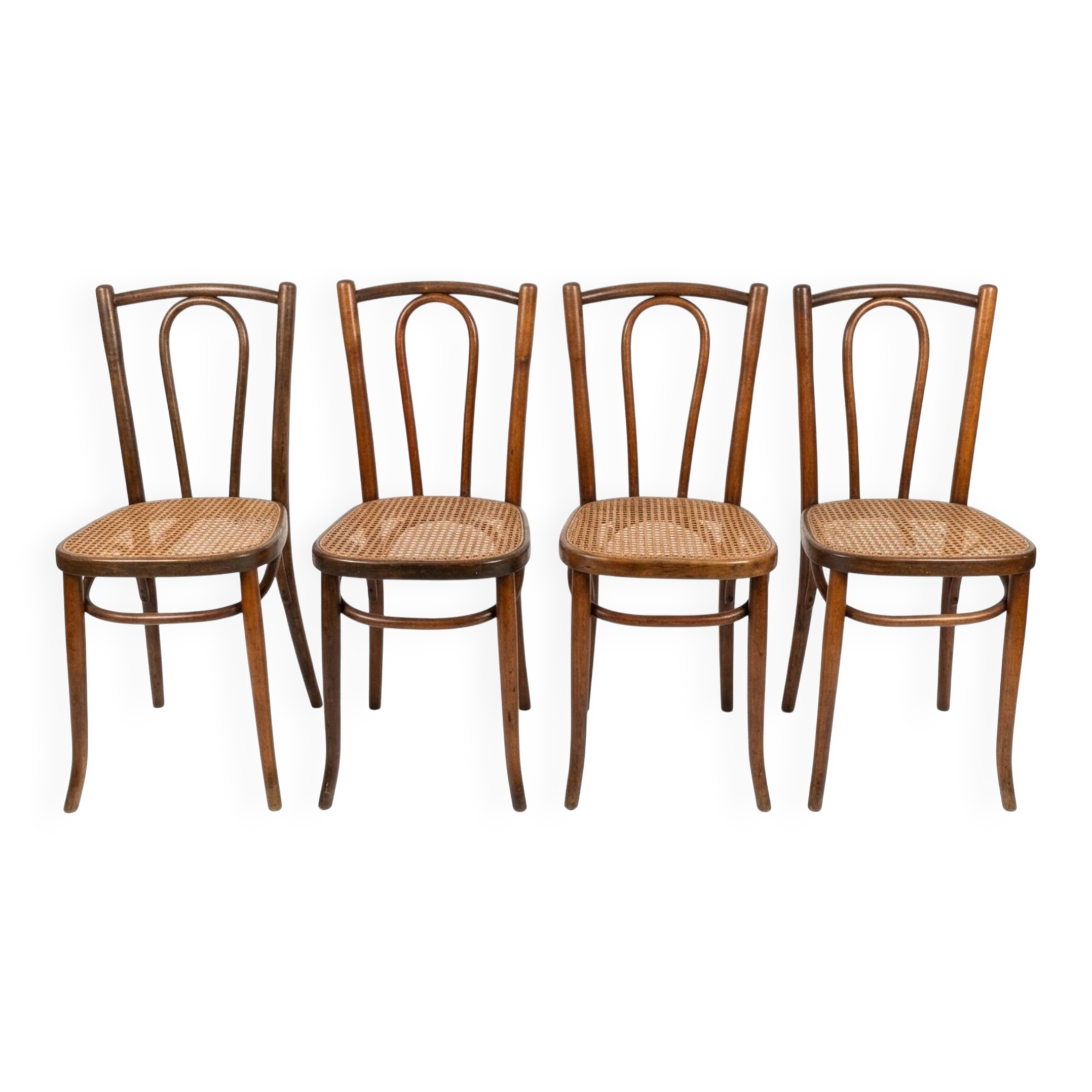 4 chaises de bistrot en bois courbé et cannage