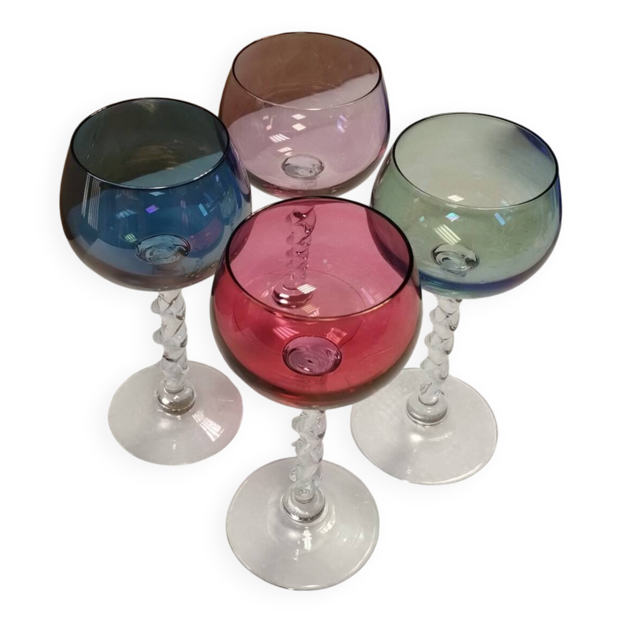 4 colored crystal stemmed glasses with twisted foot