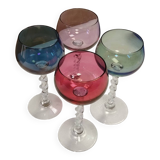 4 colored crystal stemmed glasses with twisted foot