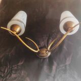 Two-light wall sconce in gilded metal with opaque glass shades, 1950/1960