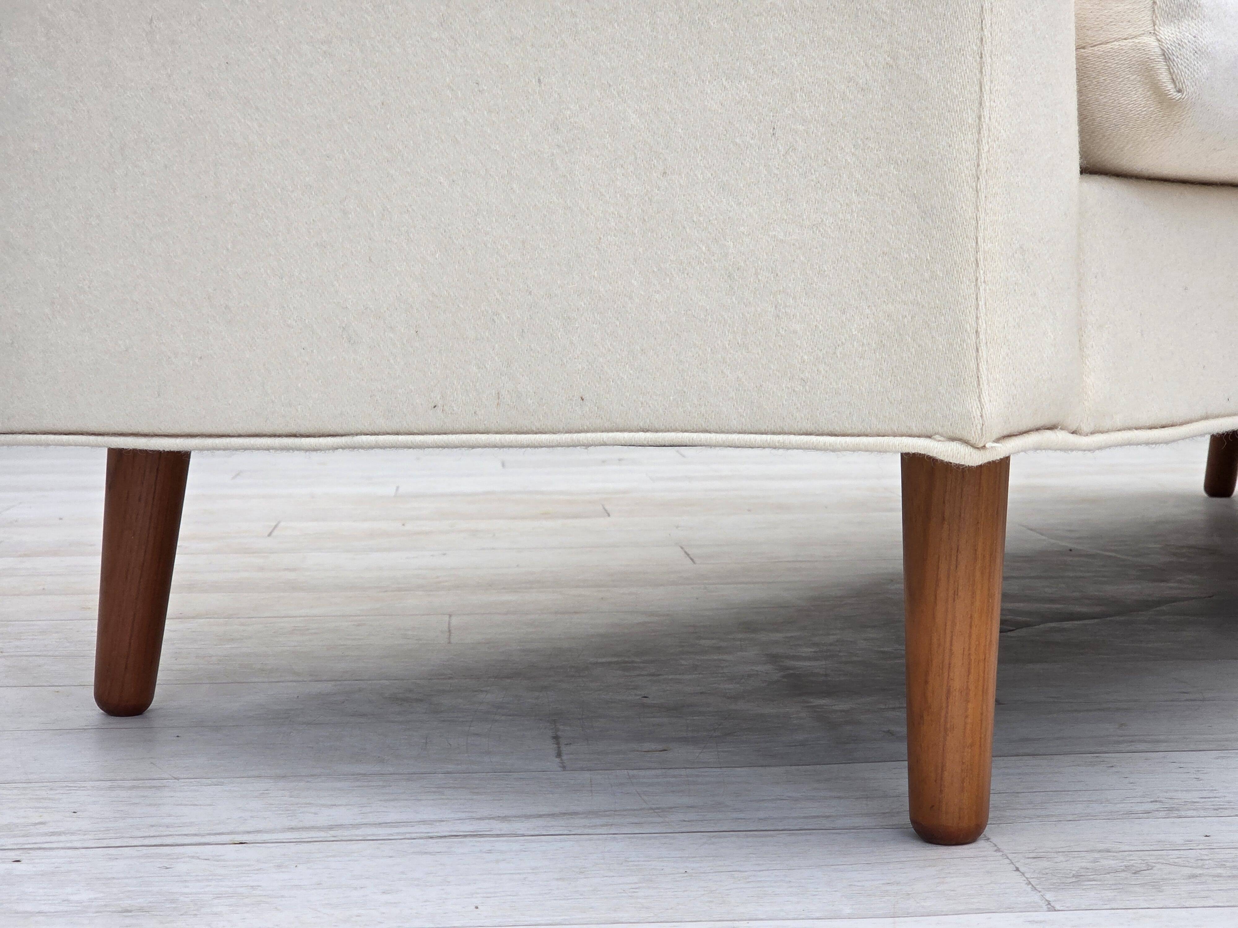 1970s, 3-seater Danish sofa, beige/white furniture wool, teak wood legs.