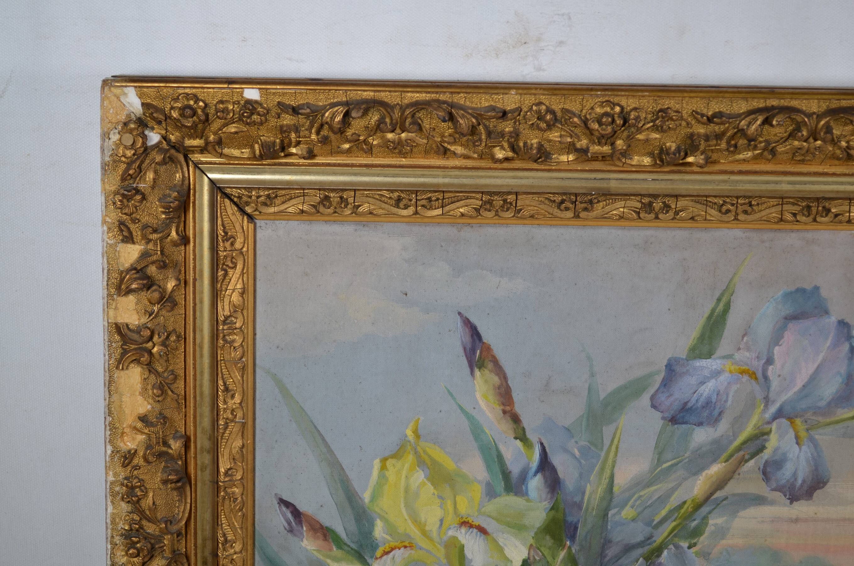 French School circa 1900 “Irises and dragonflies” Painted silk.