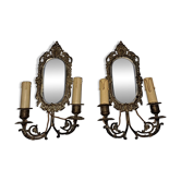 Pair of wall lights, mirrors, bronze chandelier.