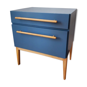 Blue sixties cabinet and monstera leaves