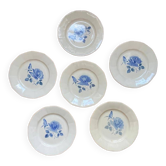 Lot de 6 assiettes plates Digoin vintage, avec un délicat motif de roses bleues au pochoir