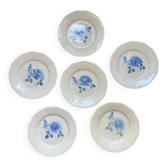 Lot de 6 assiettes plates Digoin vintage, avec un délicat motif de roses bleues au pochoir