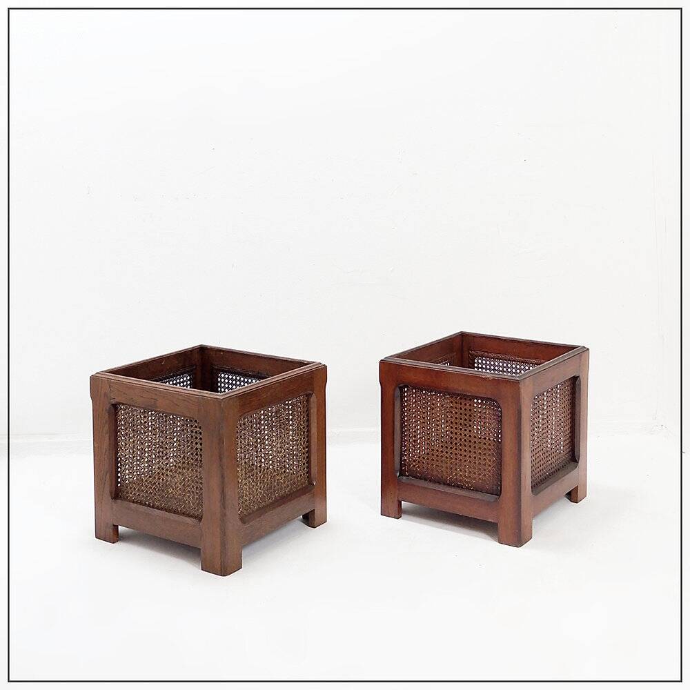 Pair of vintage wooden planters with woven rattan panels - 1970s