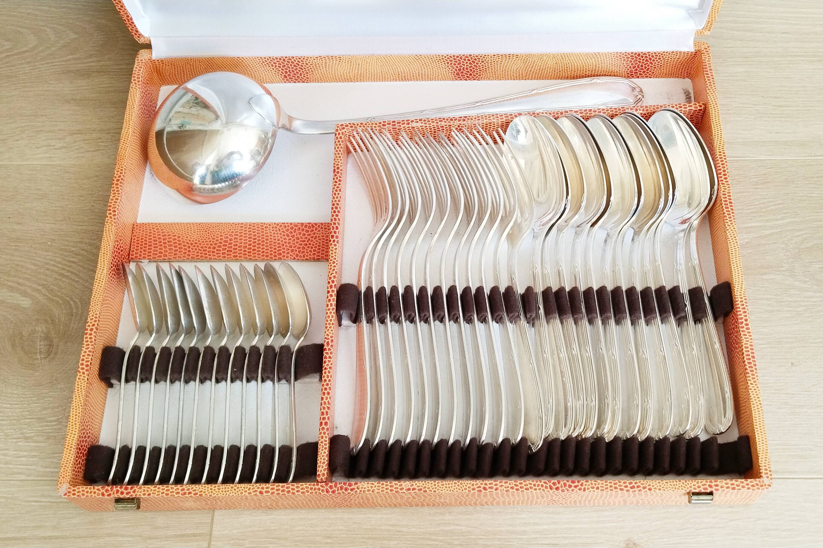 Silver cutlery set, Alfenide, ribbon decoration