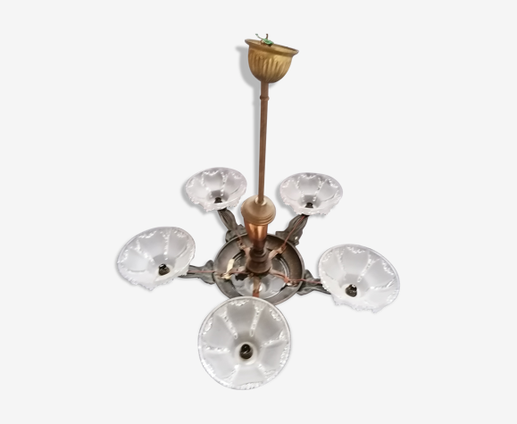 Lustre suspension vasques verre Ezan 6 feux art déco