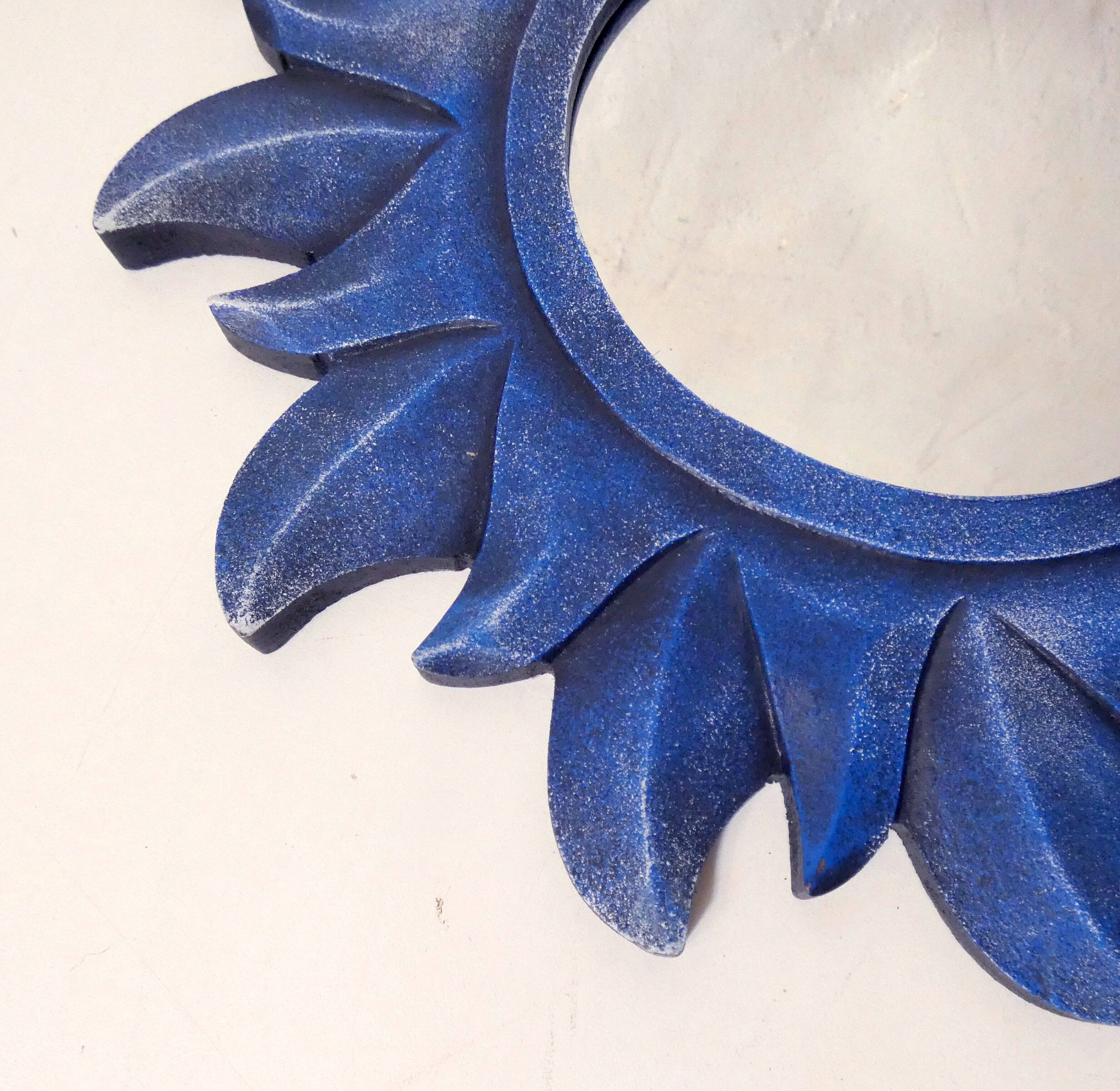 Miroir soleil bleu en bois sculpté vintage