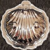 Silver-plated metal scallop butter dish and white glass bowl