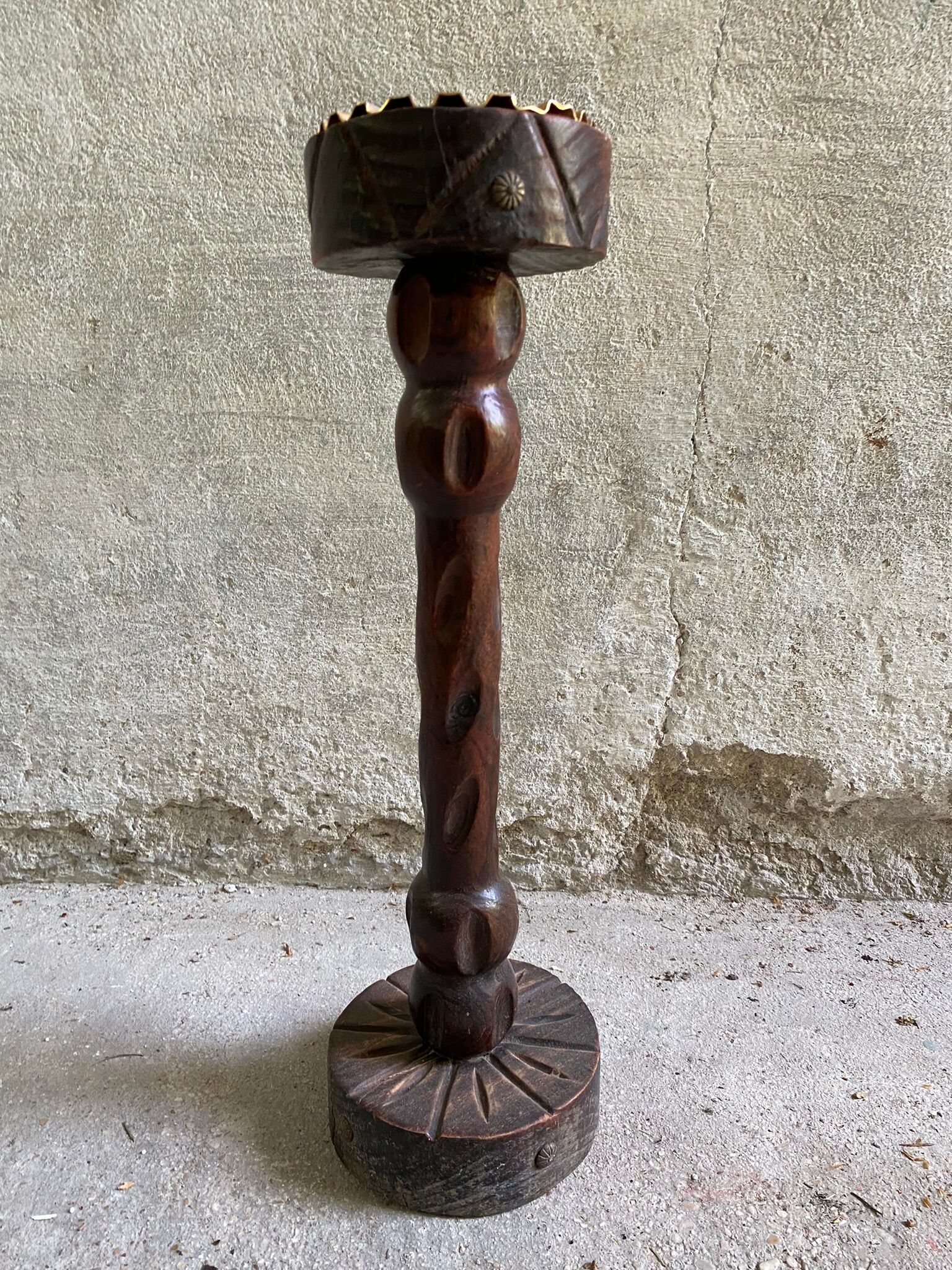 Rustic ashtray carved wood on vintage stand