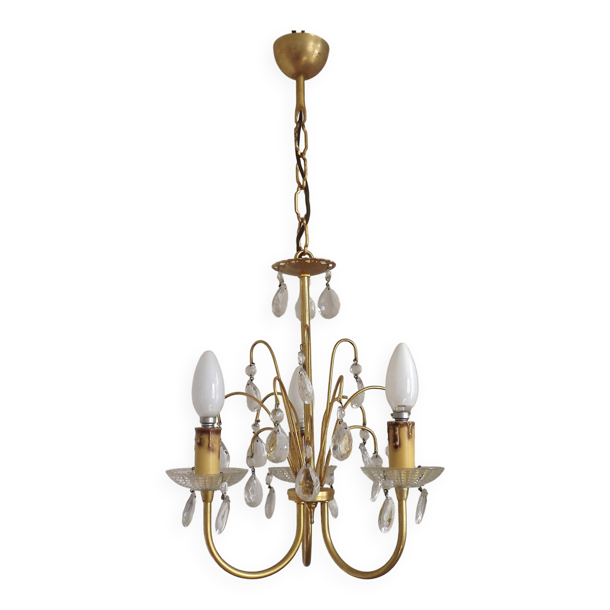 French Vintage Gold Effect Metal-Crystal 3 Light Chandelier Glass Bobeches