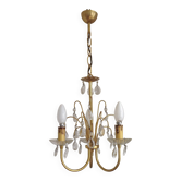 Lustre 3 lumières vintage en métal doré, cristal et verre, France