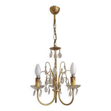 French Vintage Gold Effect Metal-Crystal 3 Light Chandelier Glass Bobeches