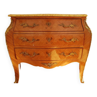 Curved chest of drawers Louis XV style marquetry and bronze 1960s