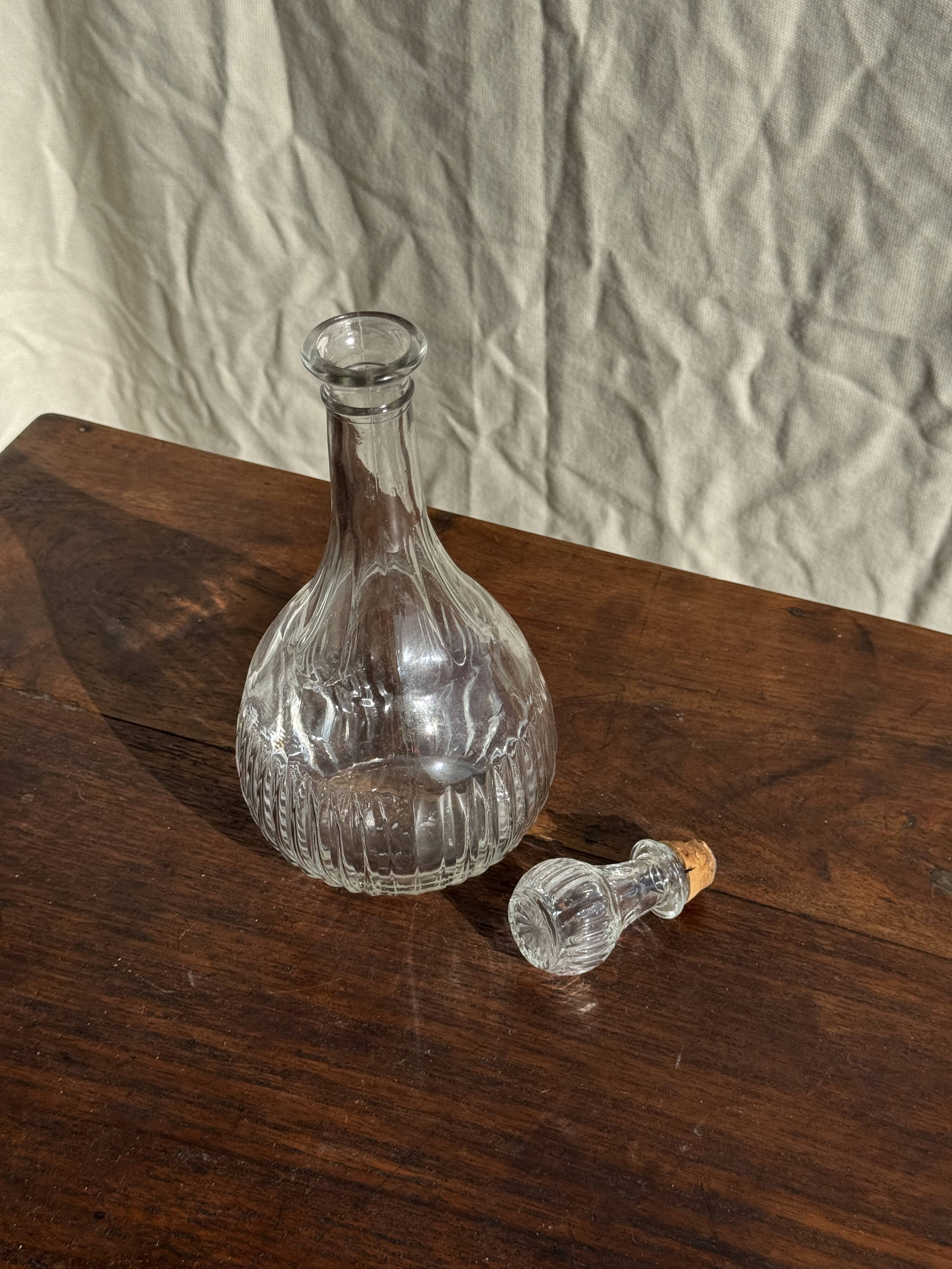 Vintage round-shaped glass carafe with cork stopper H27