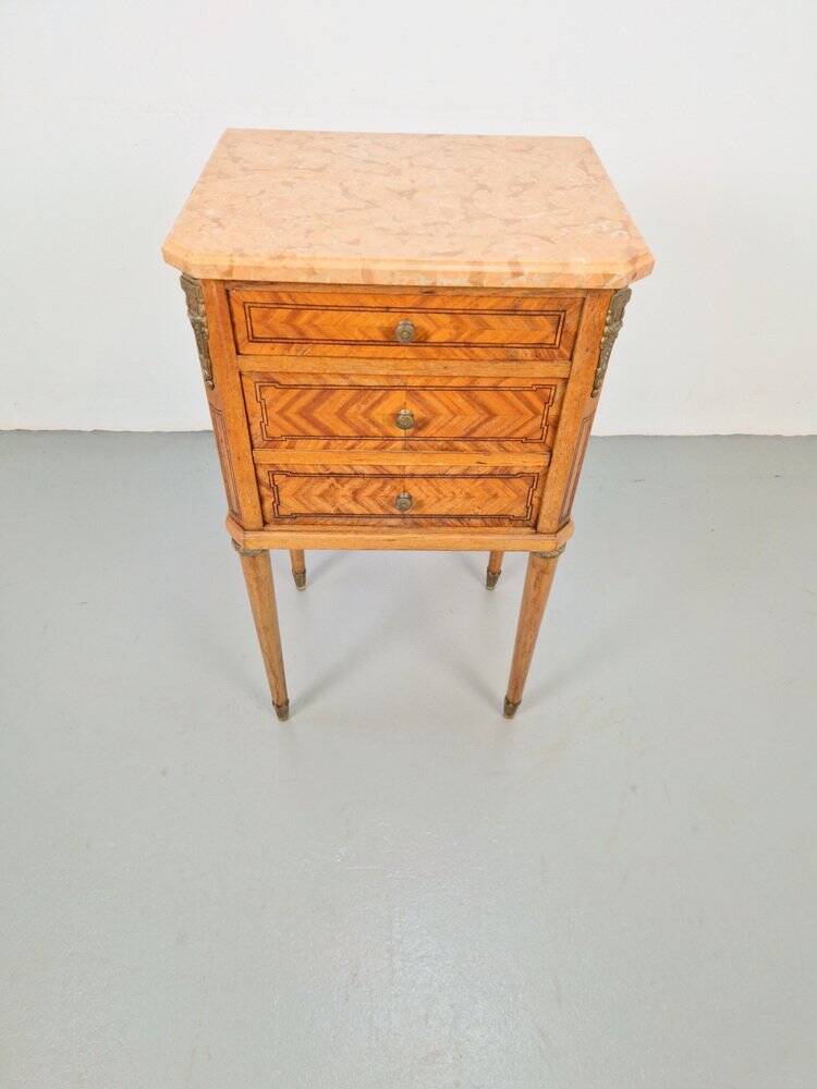 Vintage French Bedside Table with Marble Top and Brass Ornaments, 1920s