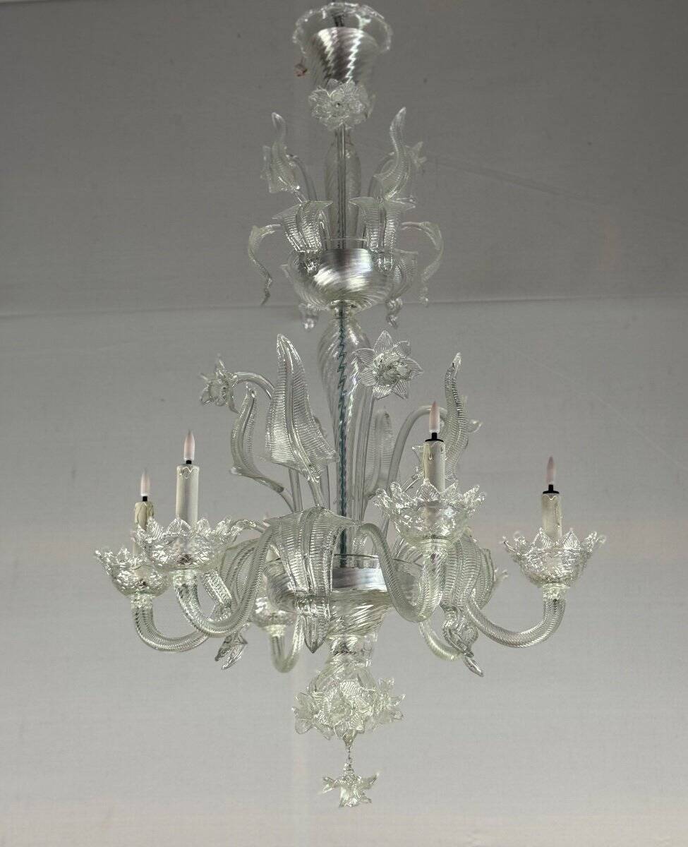 Venetian chandelier in colorless murano glass, 6 arms of light circa 1950