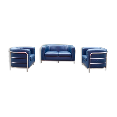 Ensemble canapé & 2 fauteuils en cuir bleu Zanotta Onda