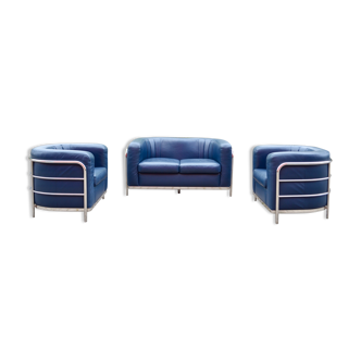 Ensemble canapé & 2 fauteuils en cuir bleu Zanotta Onda
