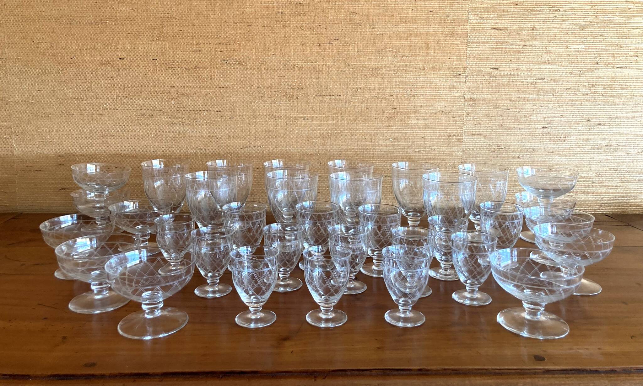 Art deco part of service of glasses and carafes 37 pieces circa 1940