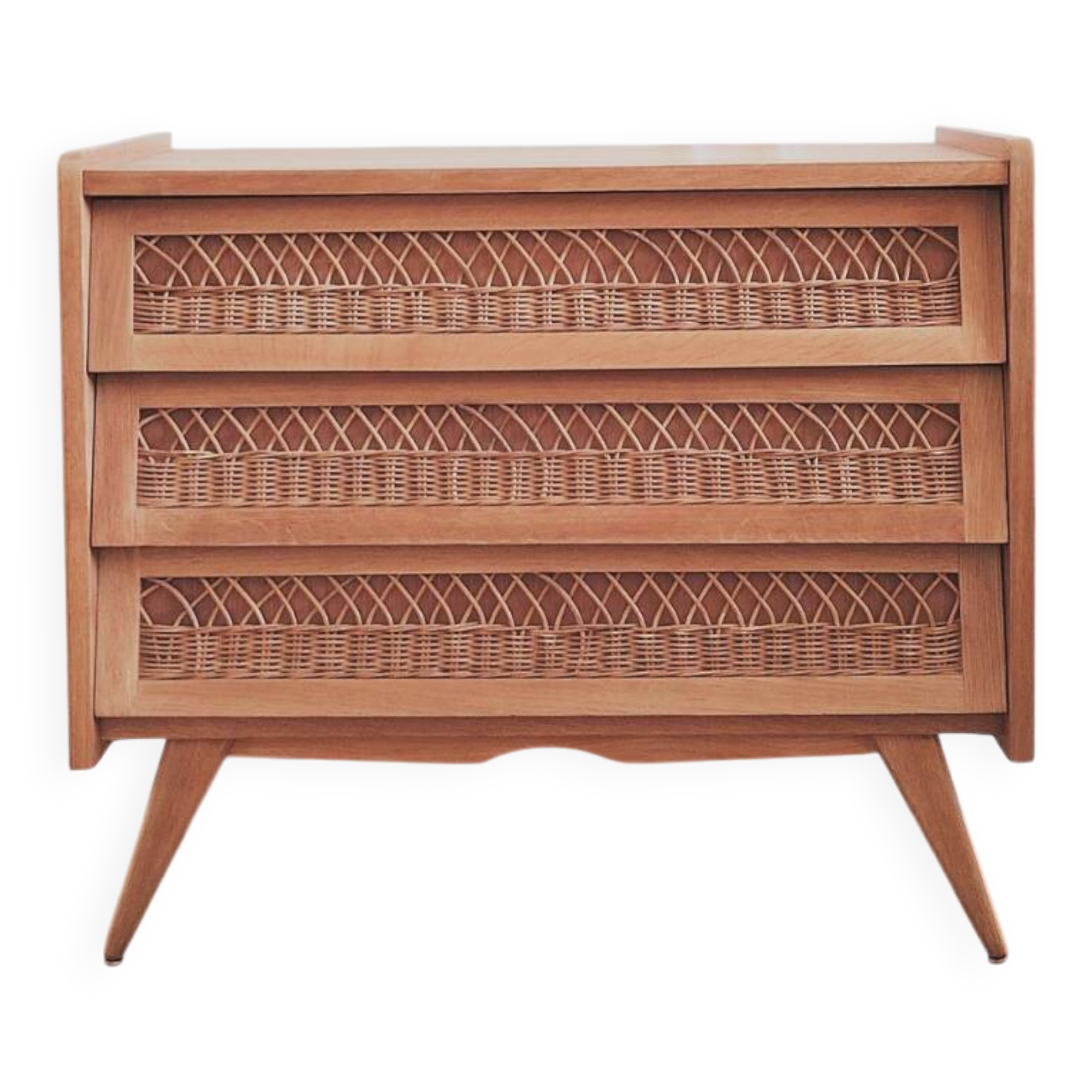 Commode en bois et rotin vintage rénovée, années 60