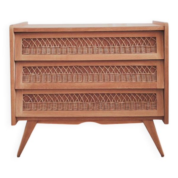 Commode en bois et rotin vintage rénovée, années 60