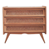 Commode en bois et rotin vintage rénovée, années 60