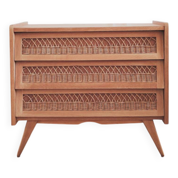 Renovated vintage wooden and rattan chest of drawers, 1960s.