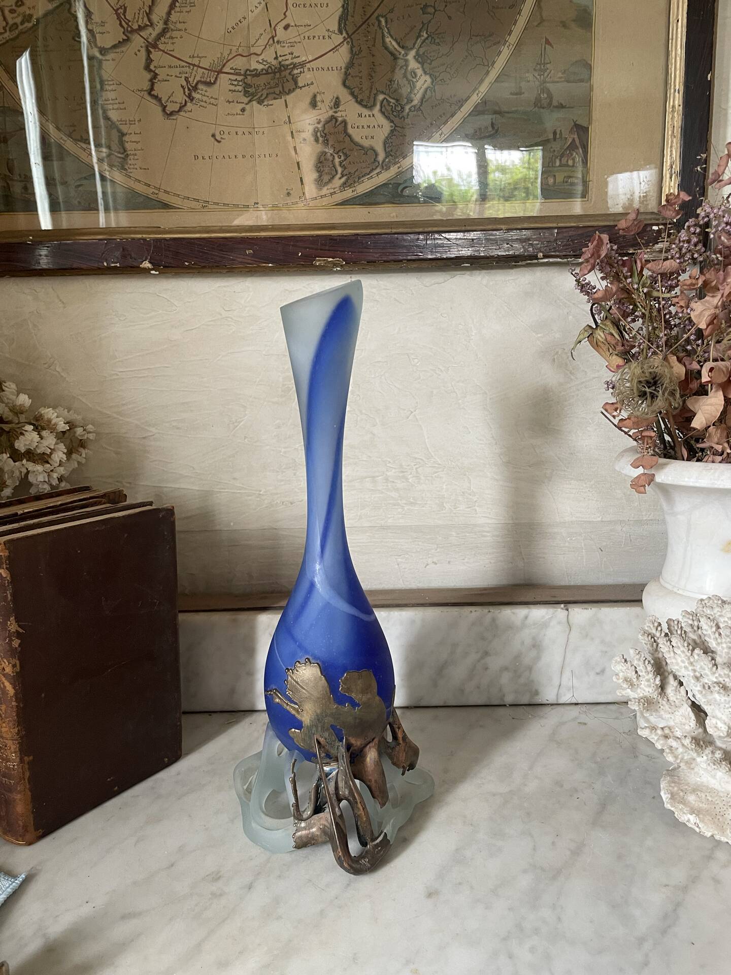 glass paste vase signed, bronze mount
