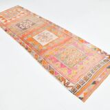 Tapis couloir kilim vintage , Orange, rose et beige boho pastel, 98x332 Cm