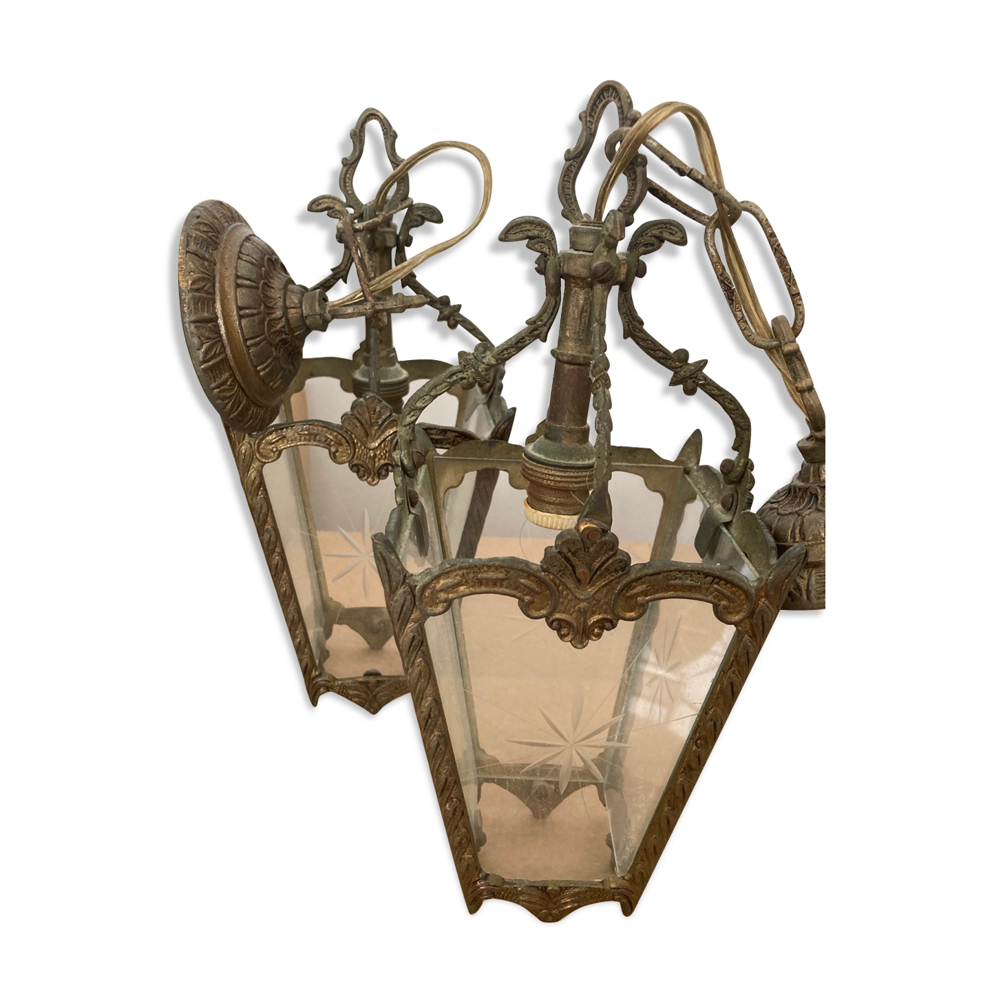 Pair of bronze and glass pendant lamps