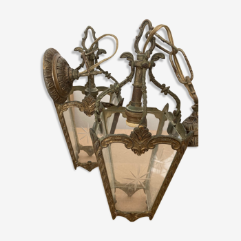 Pair of bronze and glass pendant lamps